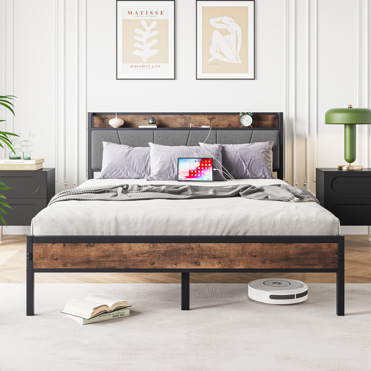 Queen Bed Frame with Charging Station and Headboard