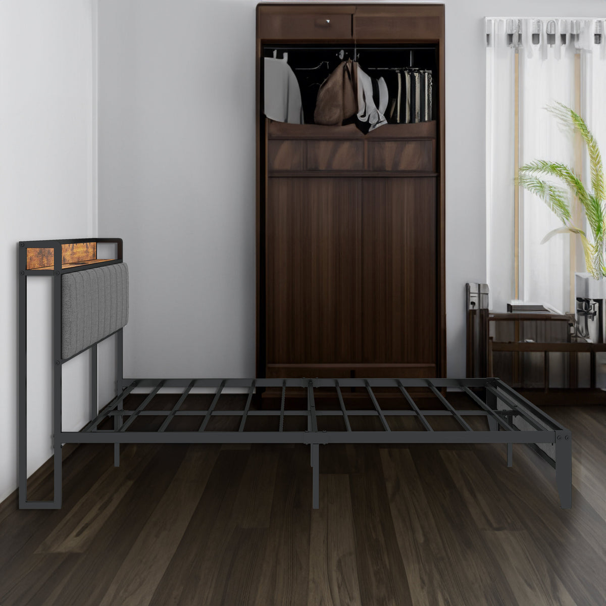 Queen Bed Frame with Charging Station and Headboard Shelf