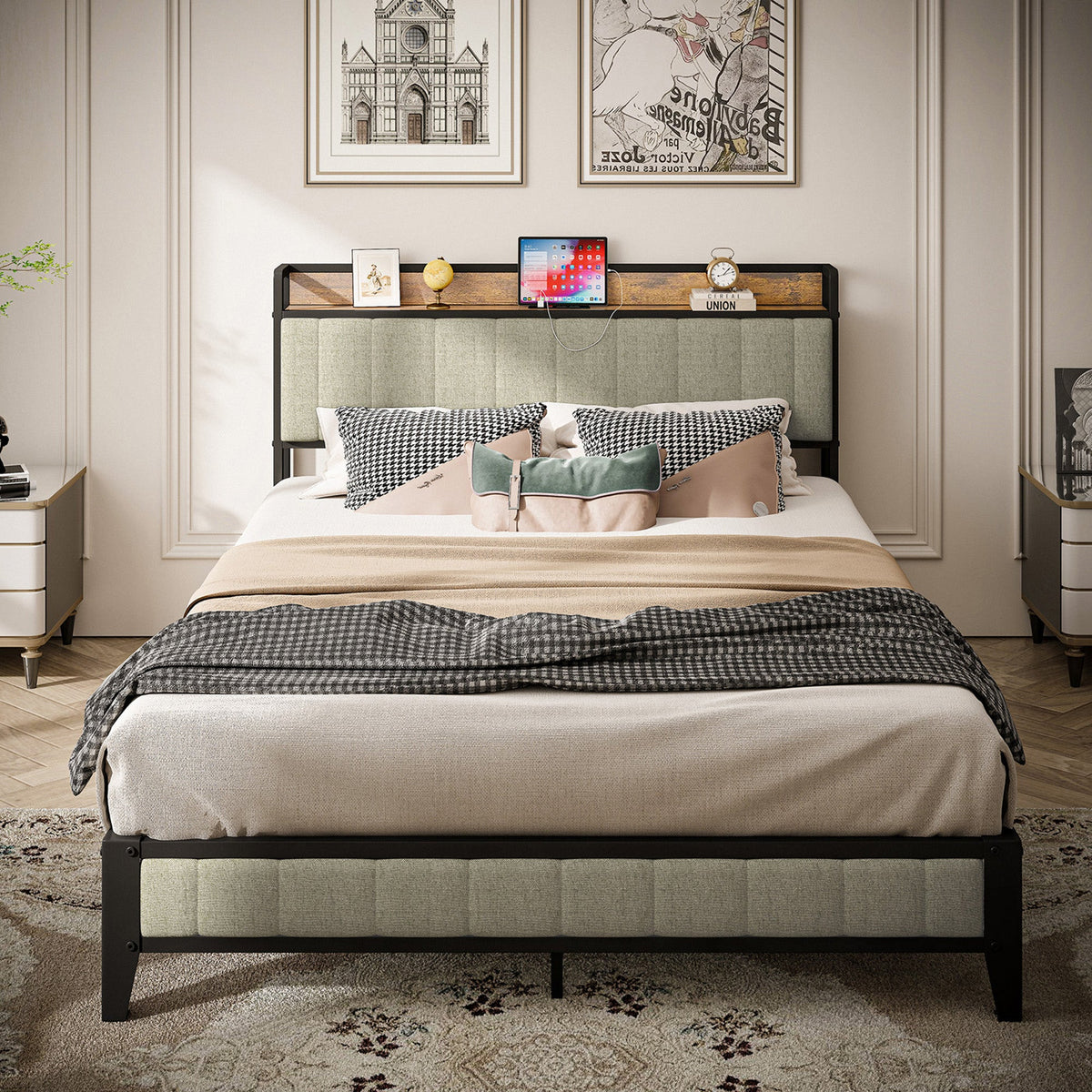 Queen Bed Frame with Charging Station and Headboard Shelf