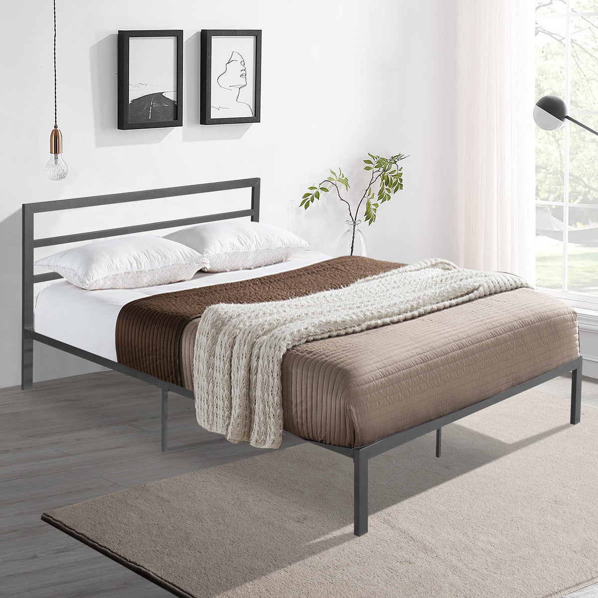 Queen Metal Bed Frame with Headboard, Charcoal Grey
