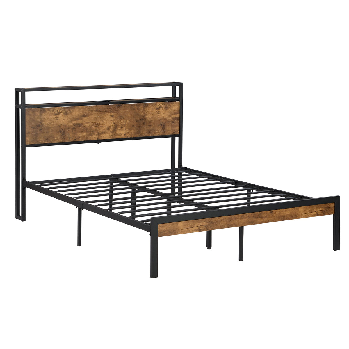 Queen Metal Platform Bed Frame with Headboard Shelf and USB