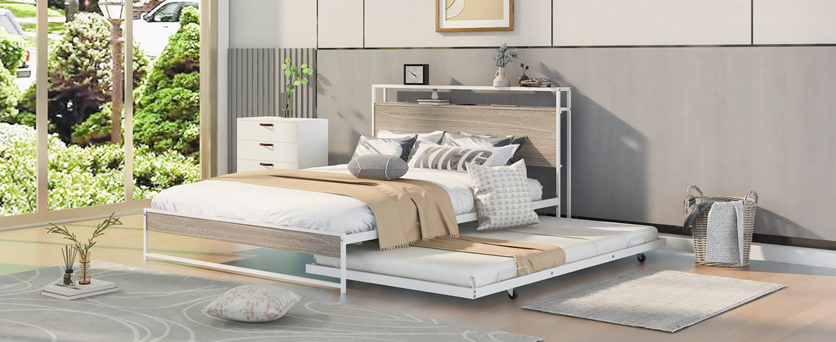 Queen Platform Bed Frame with Trundle and USB Ports