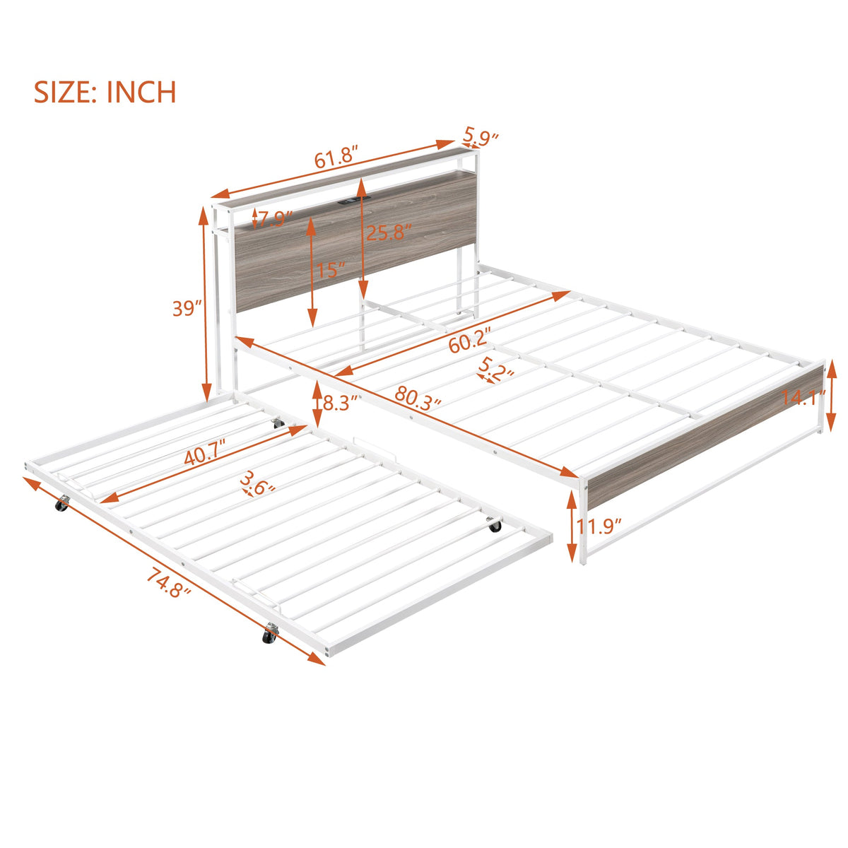 Queen Platform Bed Frame with Trundle and USB Ports