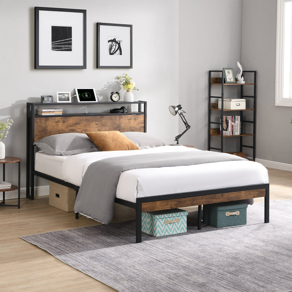 Queen Metal Platform Bed Frame with Headboard Shelf and USB