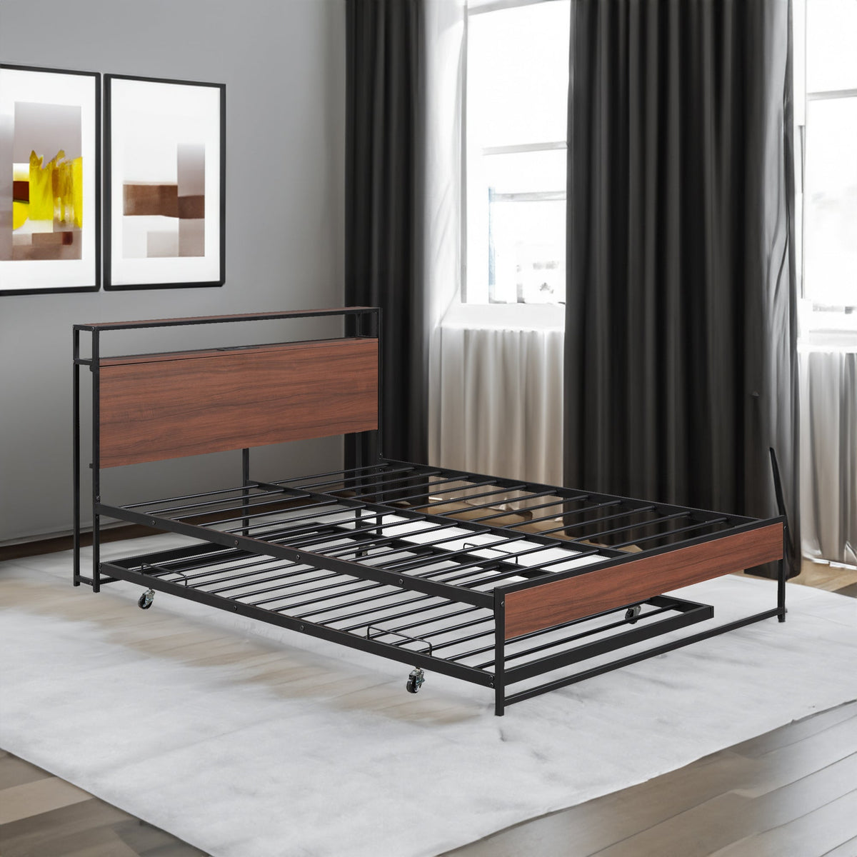 Queen Platform Bed Frame with USB Ports and Trundle