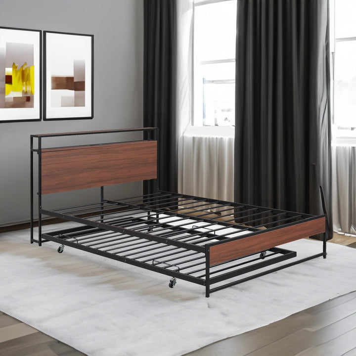 Queen Platform Bed Frame with USB Ports and Trundle