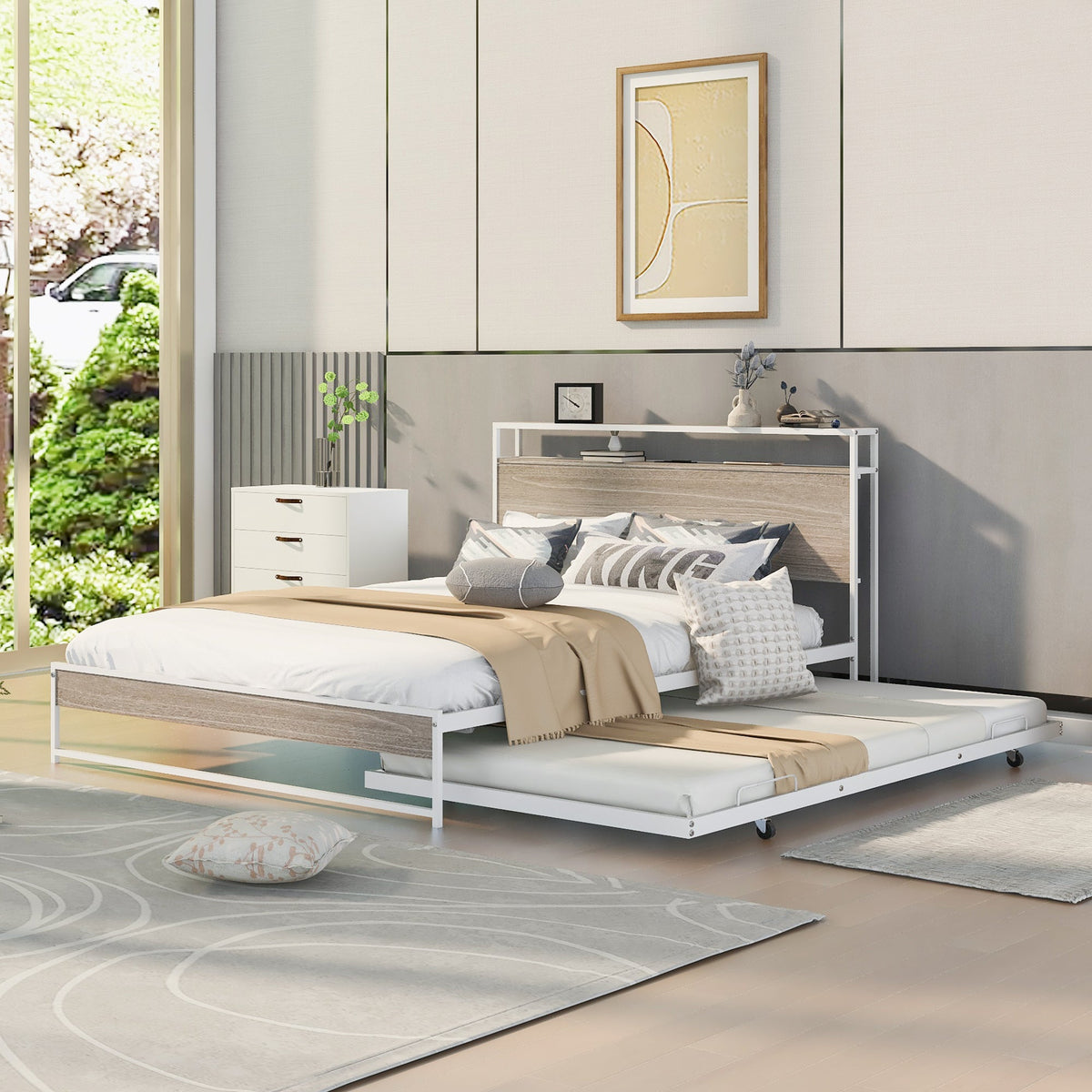 Queen Platform Bed Frame with Trundle and USB Ports