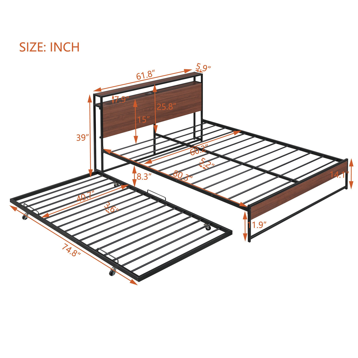 Queen Platform Bed Frame with USB Ports and Trundle