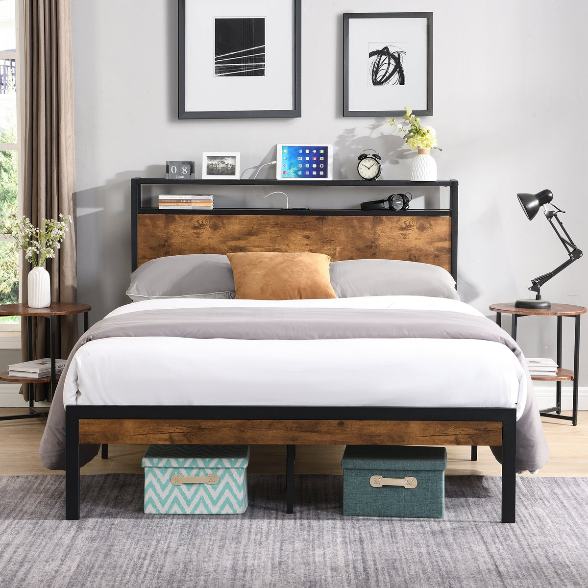 Queen Metal Platform Bed Frame with Headboard Shelf and USB
