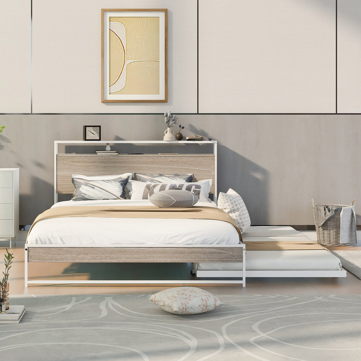 Queen Platform Bed Frame with Trundle and USB Ports