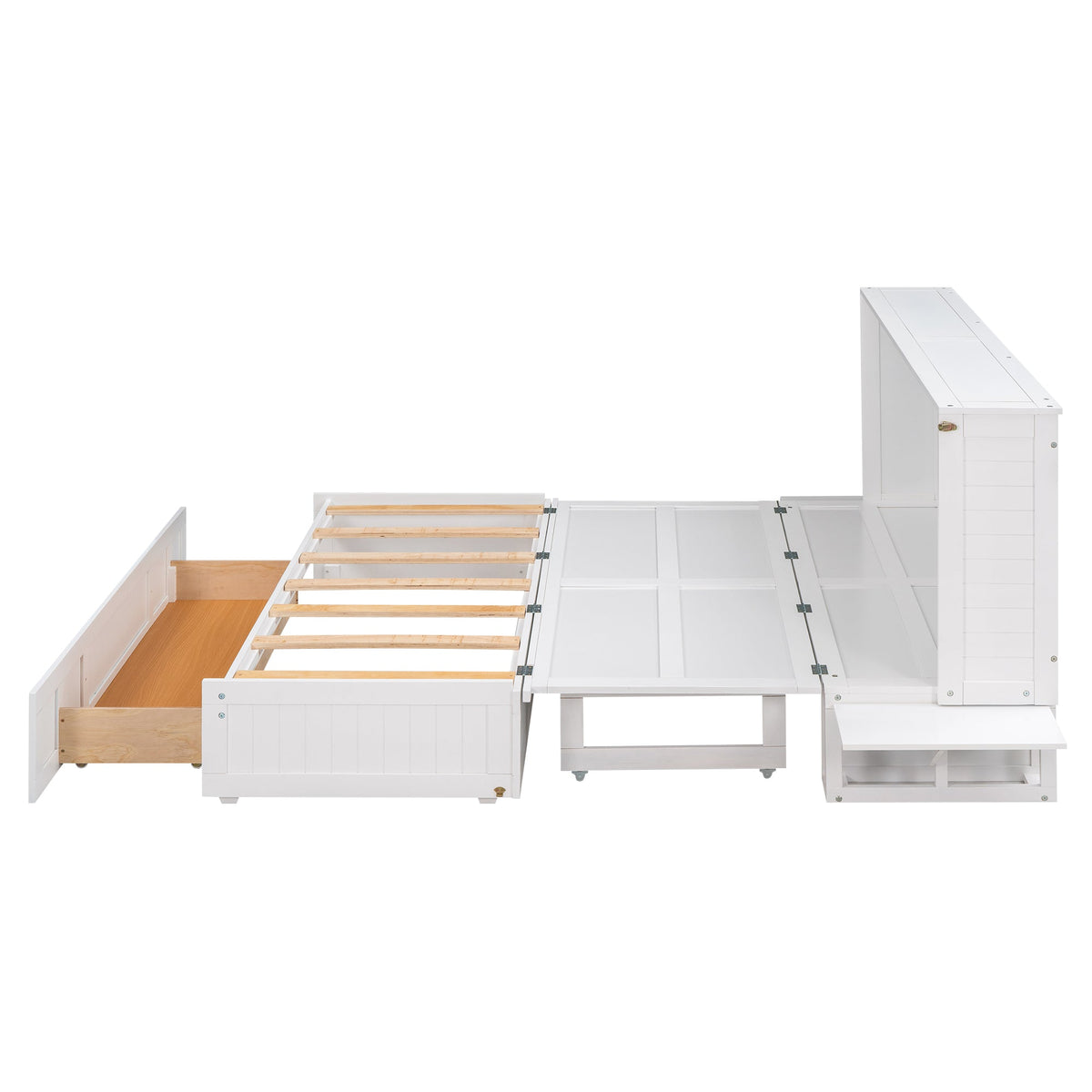 Queen Murphy Bed with Drawer and Side Shelves, White