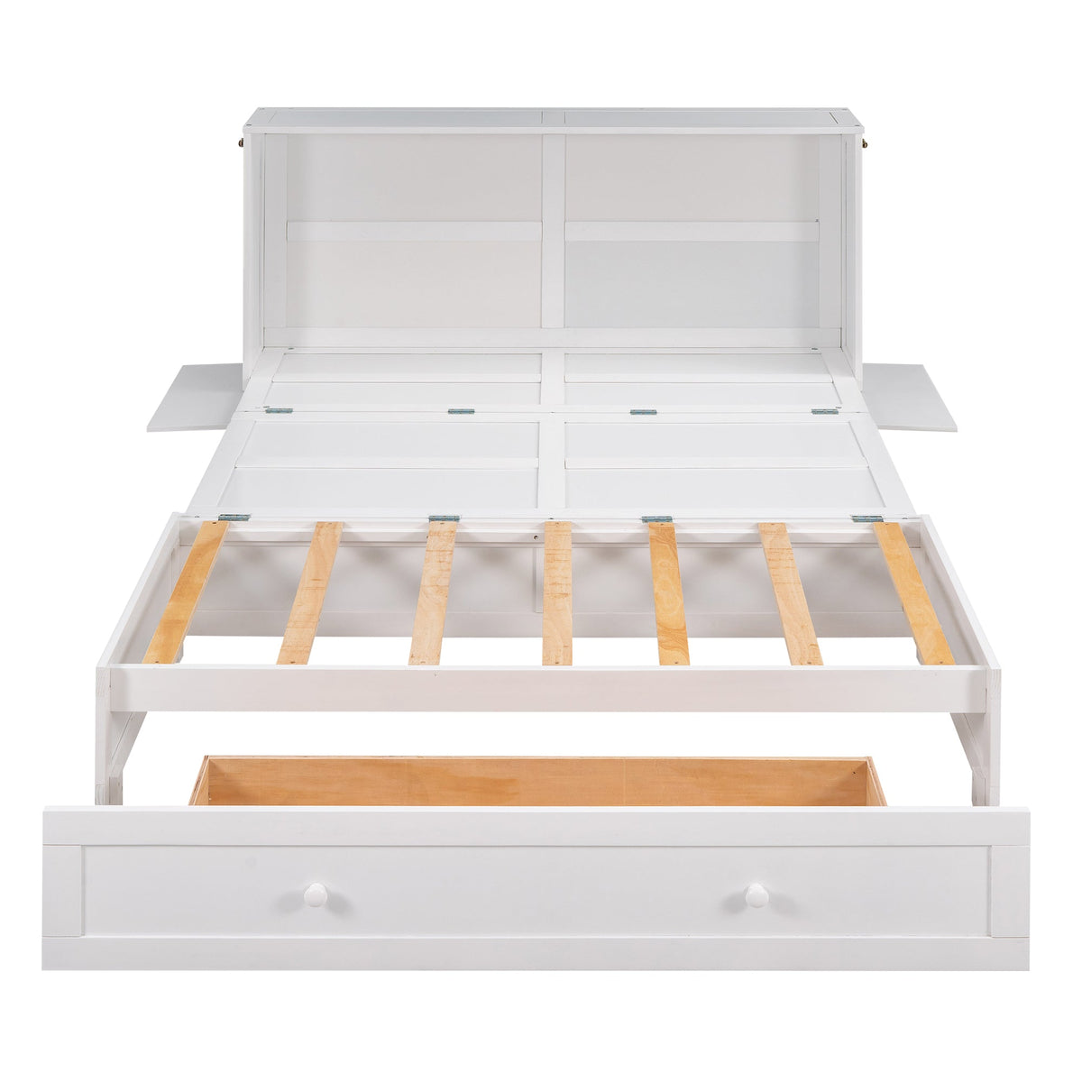 Queen Murphy Bed with Drawer and Side Shelves, White