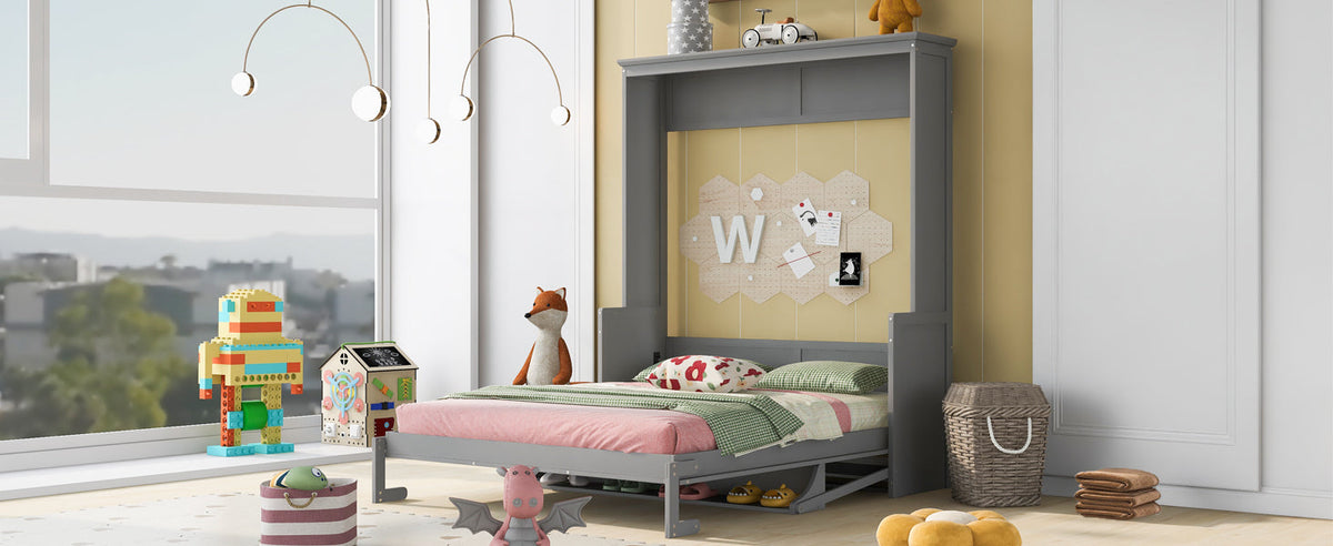 Queen Murphy Bed with Shelf That Folds Into a Gray Cabinet