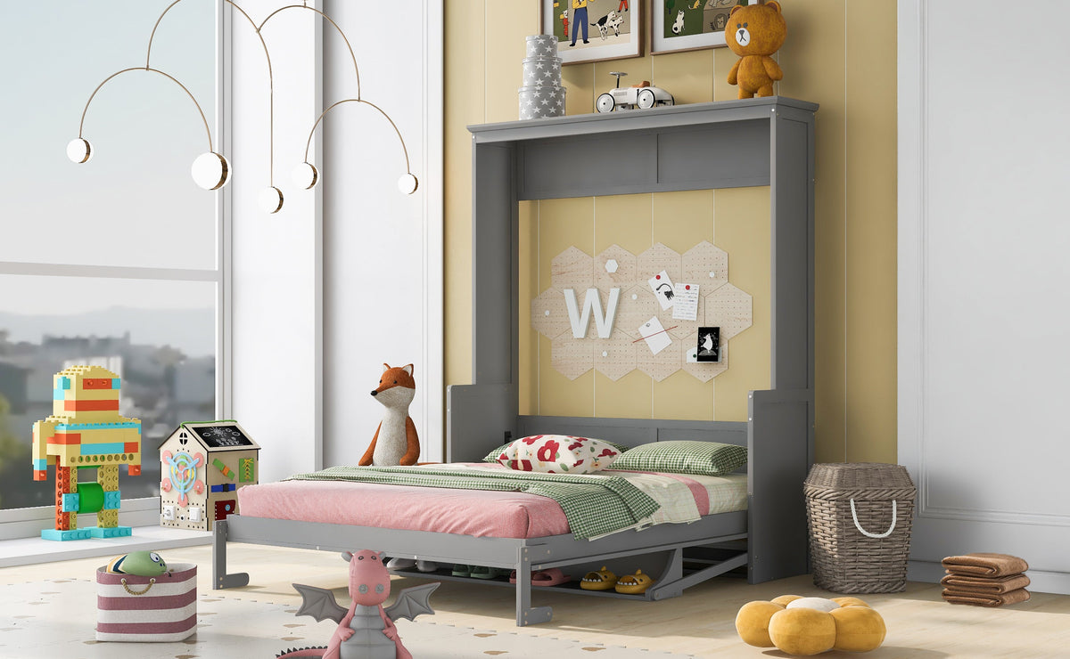 Queen Murphy Bed with Shelf That Folds Into a Gray Cabinet