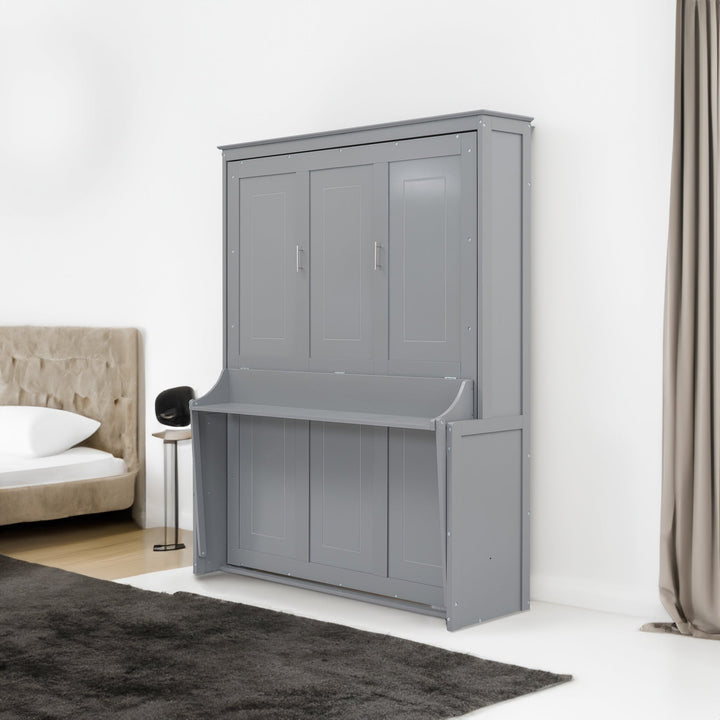 Queen Murphy Bed with Shelf That Folds Into a Gray Cabinet