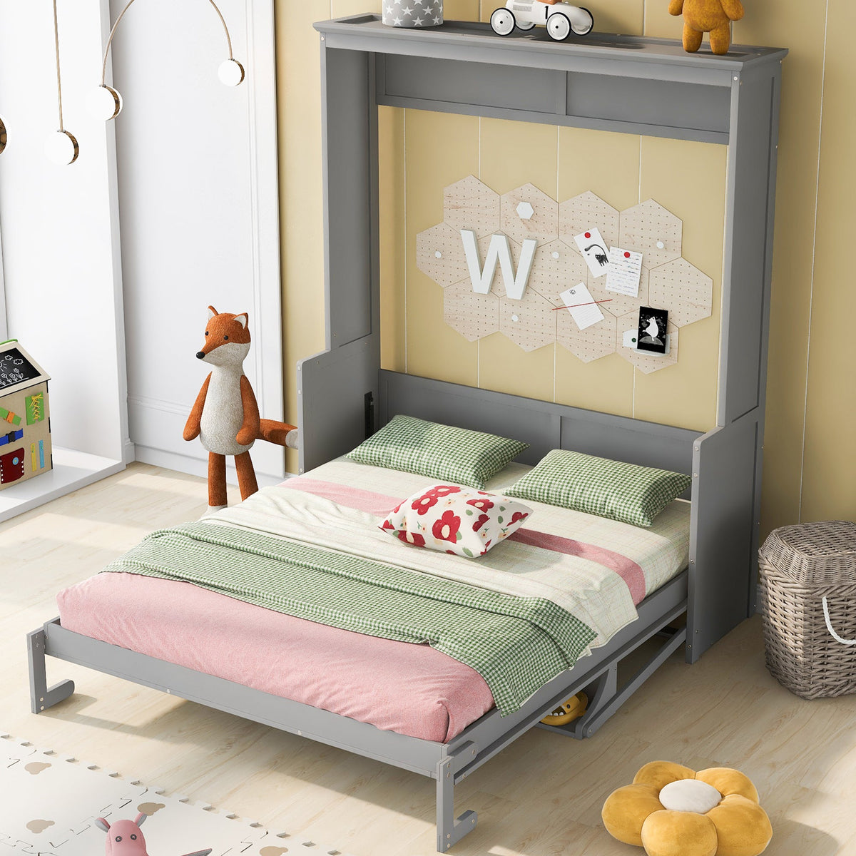 Queen Murphy Bed with Shelf That Folds Into a Gray Cabinet