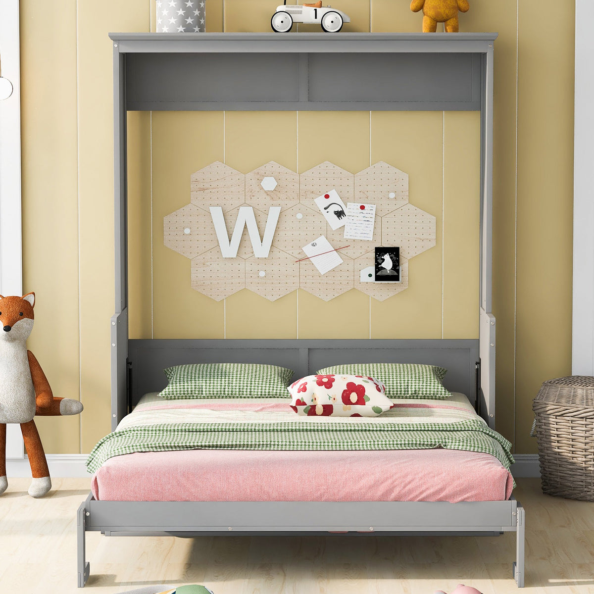 Queen Murphy Bed with Shelf That Folds Into a Gray Cabinet