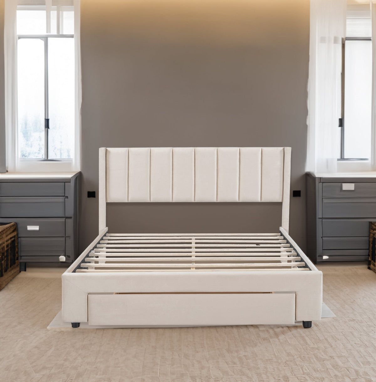 Queen Upholstered Platform Bed with Storage Drawer