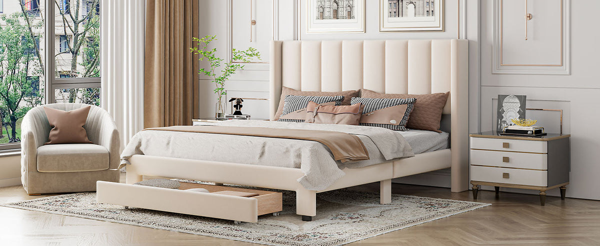 Queen Upholstered Platform Bed with Storage Drawer