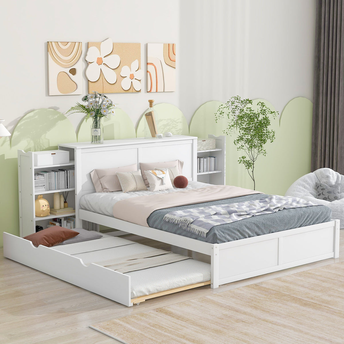 Queen Storage Bed with Twin XL Trundle & Bookshelves