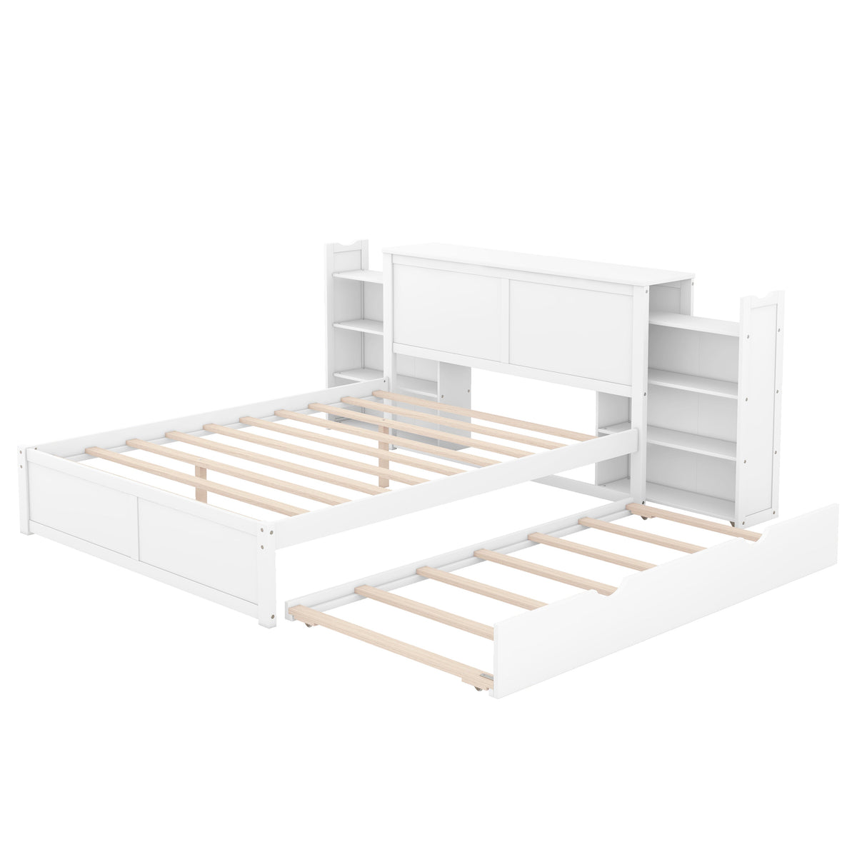 Queen Storage Bed with Twin XL Trundle & Bookshelves