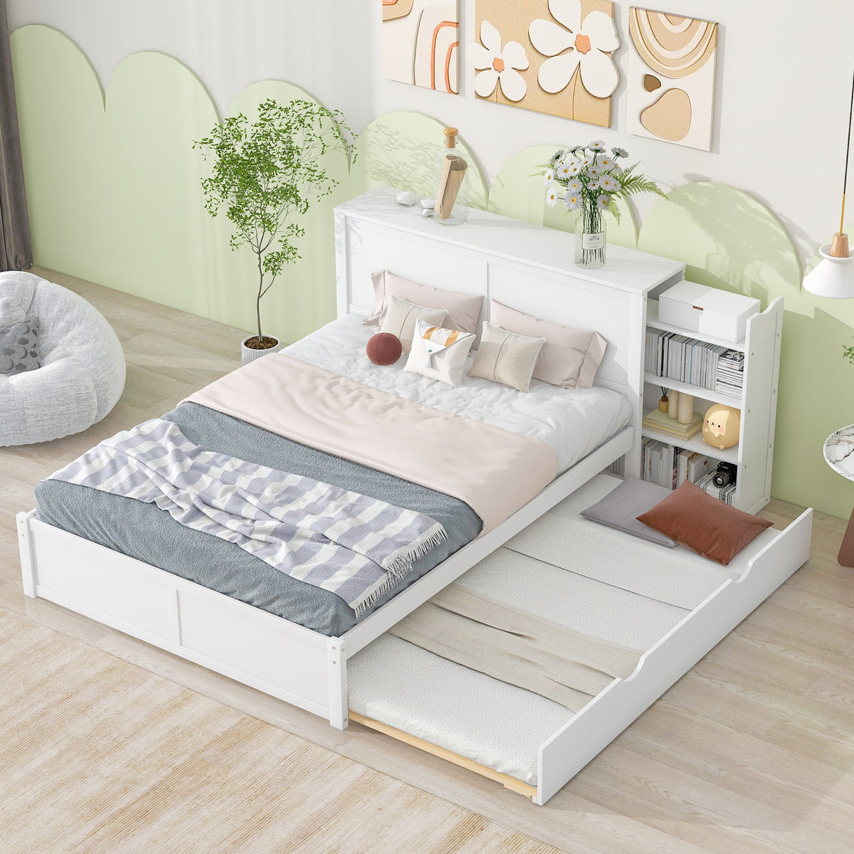 Queen Storage Bed with Twin XL Trundle & Bookshelves