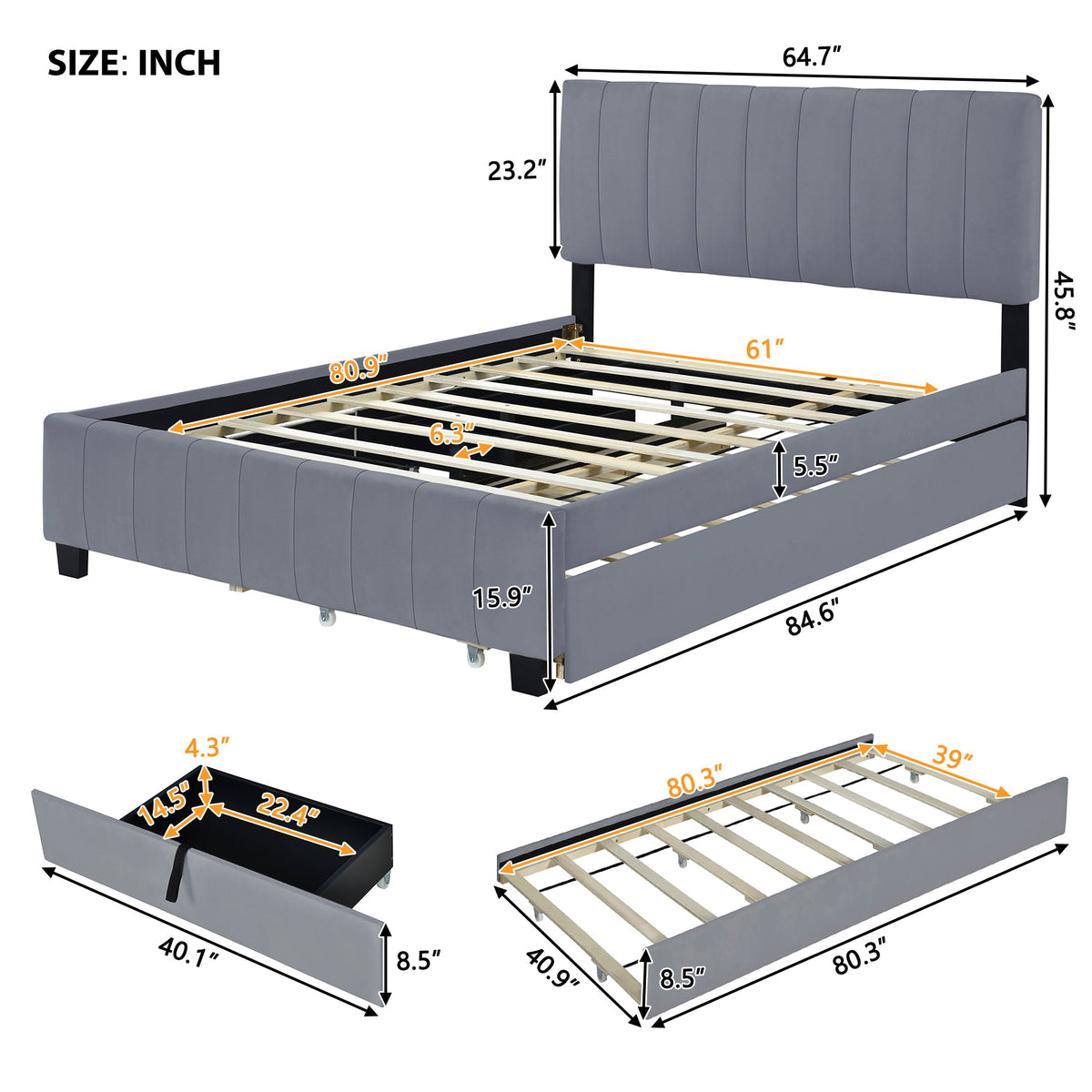 Queen Platform Bed with Drawers and Twin XL Trundle