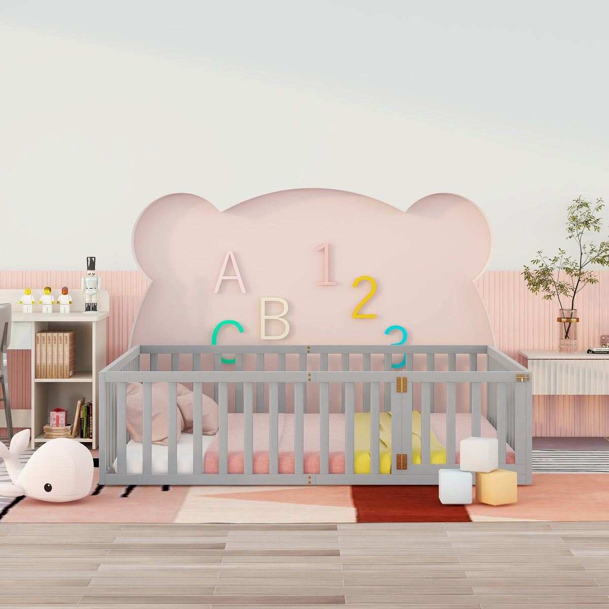Queen Floor Bed Frame with Gate for Toddlers, Gray Wood