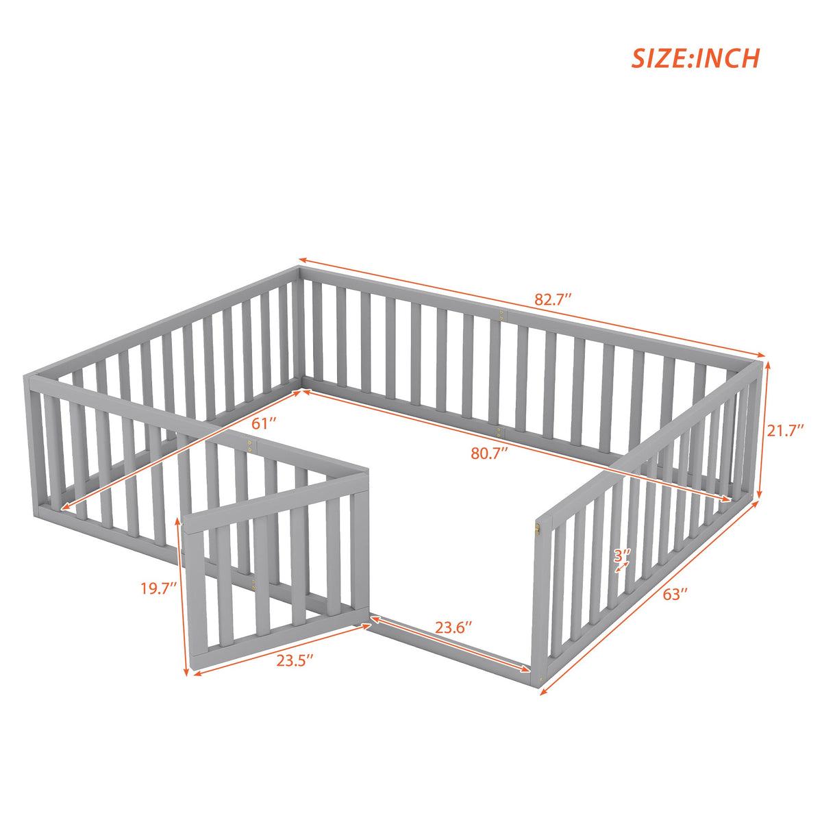 Queen Floor Bed Frame with Gate for Toddlers, Gray Wood