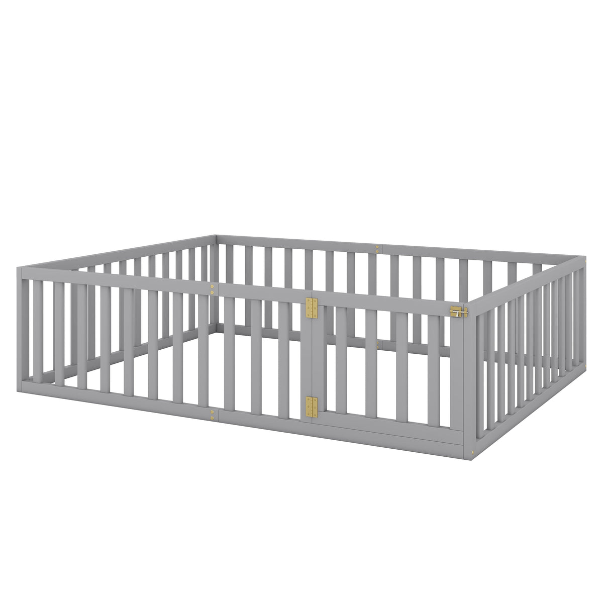 Queen Floor Bed Frame with Gate for Toddlers, Gray Wood