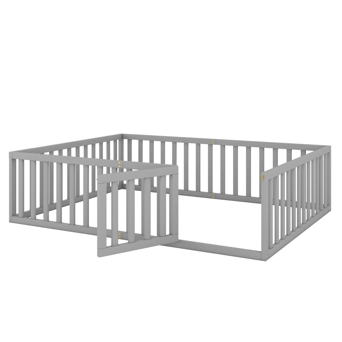 Queen Floor Bed Frame with Gate for Toddlers, Gray Wood