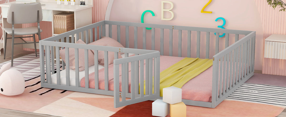 Queen Floor Bed Frame with Gate for Toddlers, Gray Wood