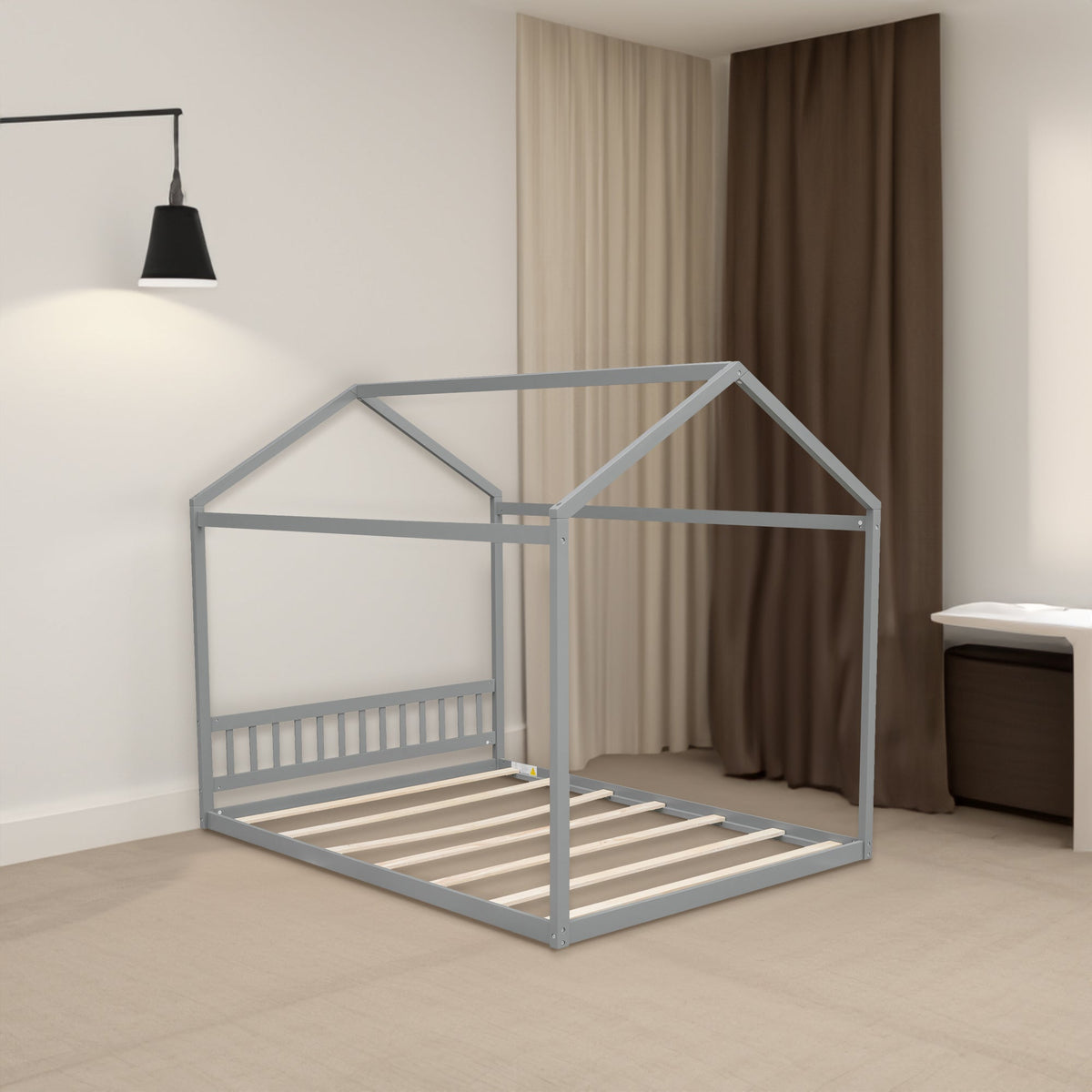 Queen Wooden House Bed Frame with Headboard in Gray