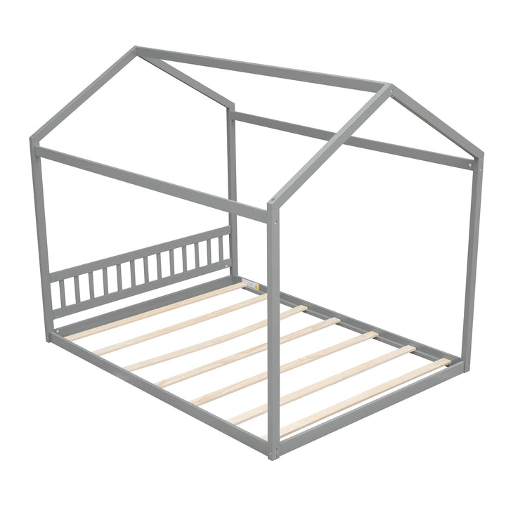 Queen Wooden House Bed Frame with Headboard in Gray