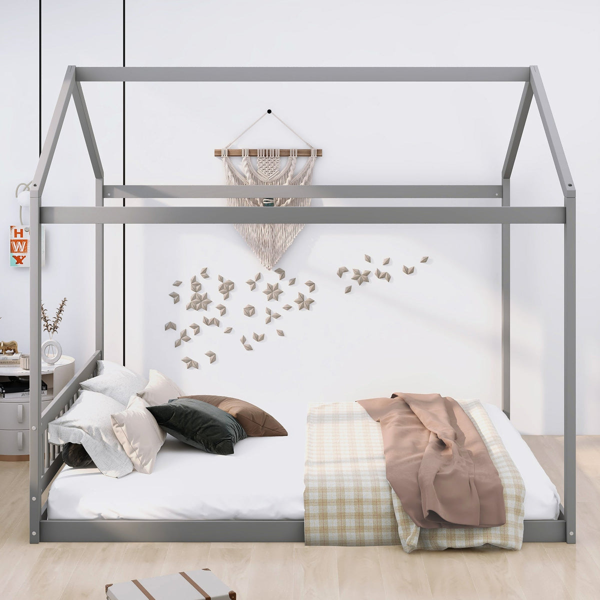 Queen Wooden House Bed Frame with Headboard in Gray