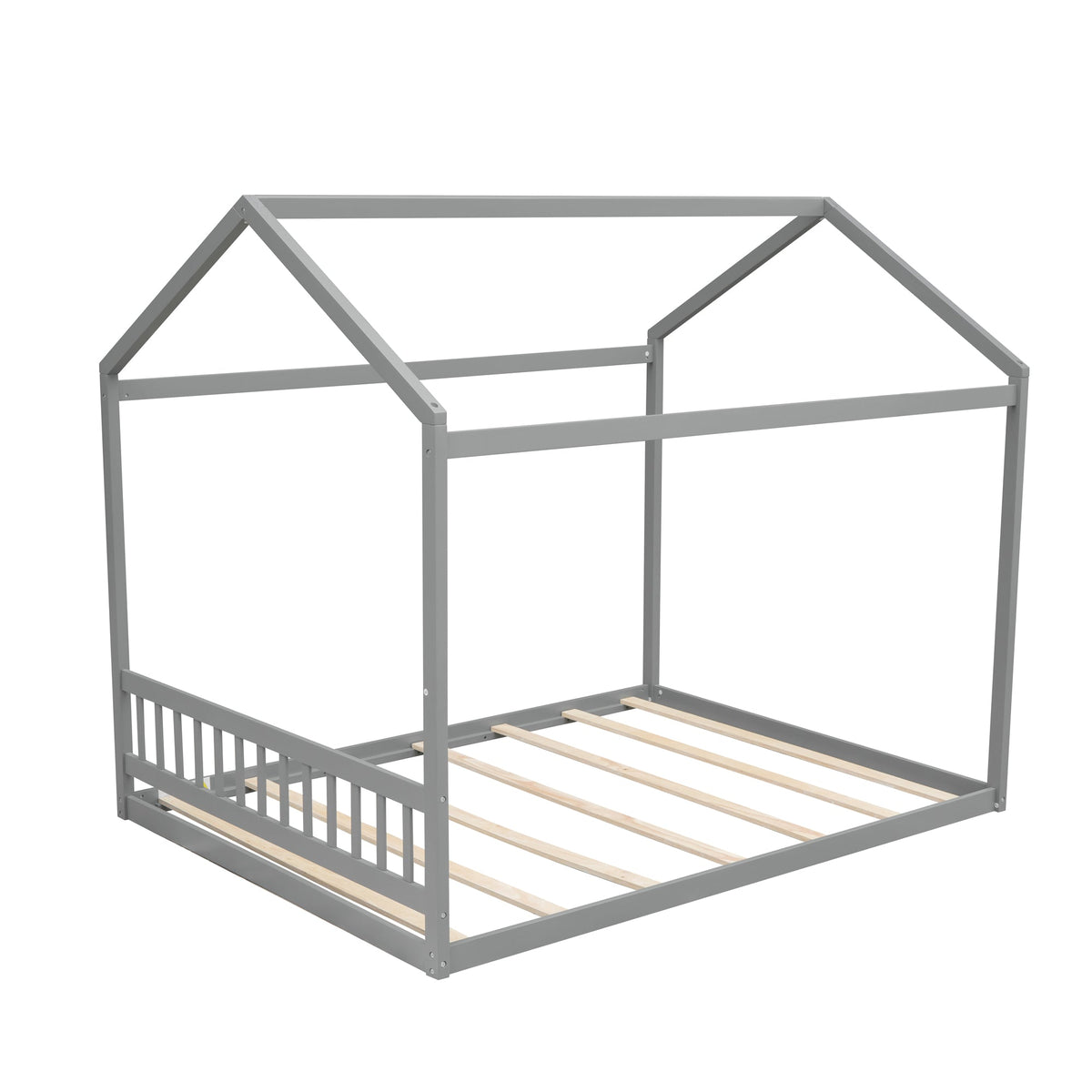 Queen Wooden House Bed Frame with Headboard in Gray