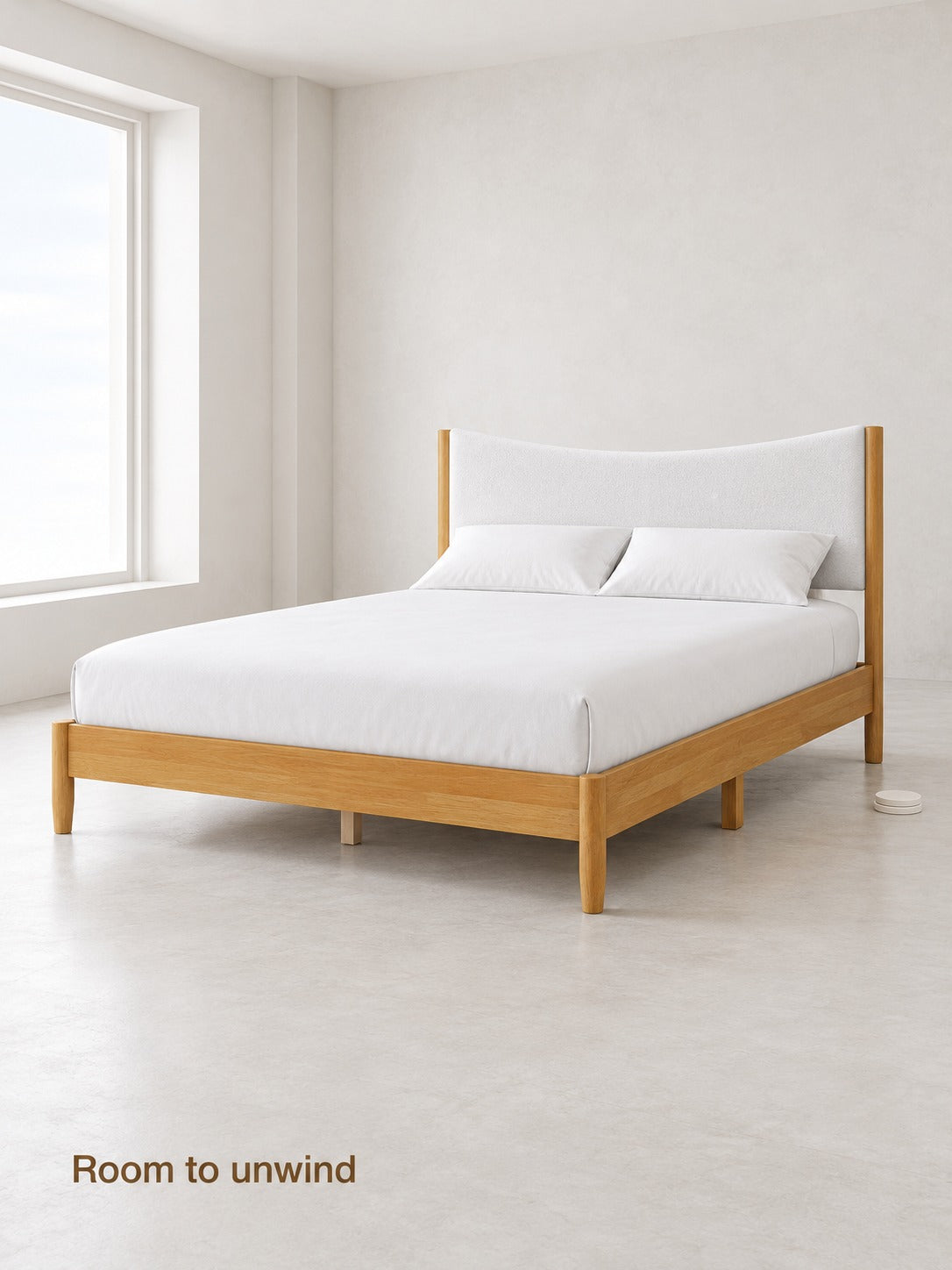 Queen Solid Wood Bed with Upholstered Curved Headboard
