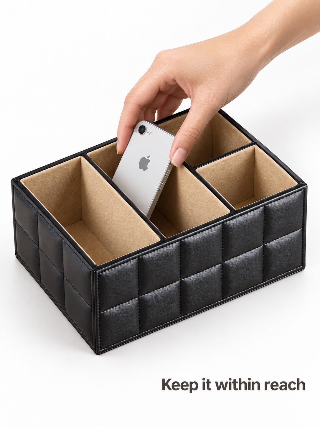 Quilted PU Leather Desk Organizer for Remotes and Phones