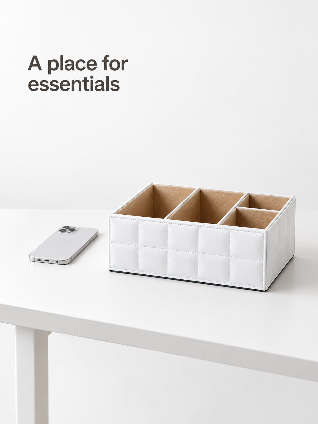 Quilted PU Leather Desk Organizer for Remotes and Phones