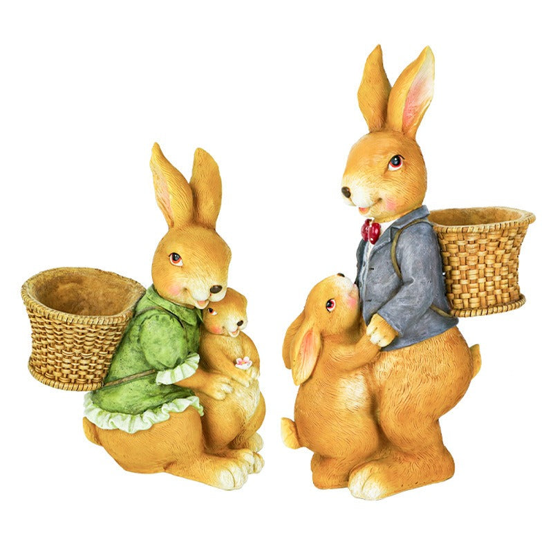 Rabbit Garden Sculpture With Built-In Flower Baskets