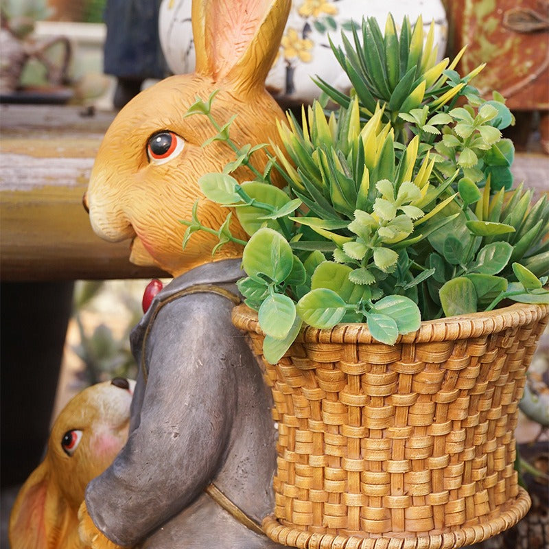Rabbit Garden Sculpture With Built-In Flower Baskets
