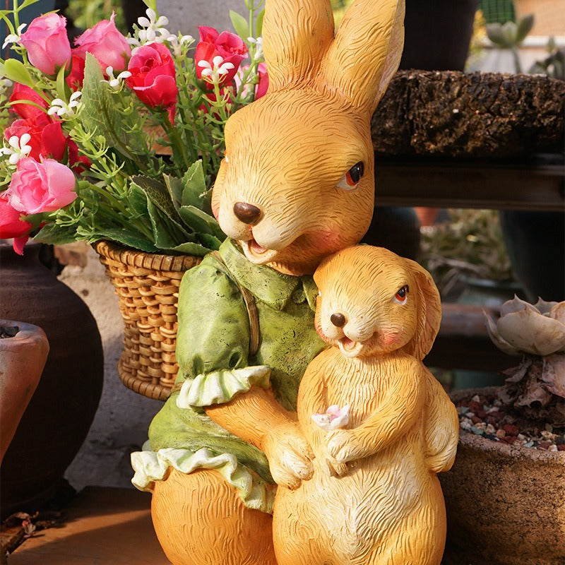 Rabbit Garden Sculpture With Built-In Flower Baskets