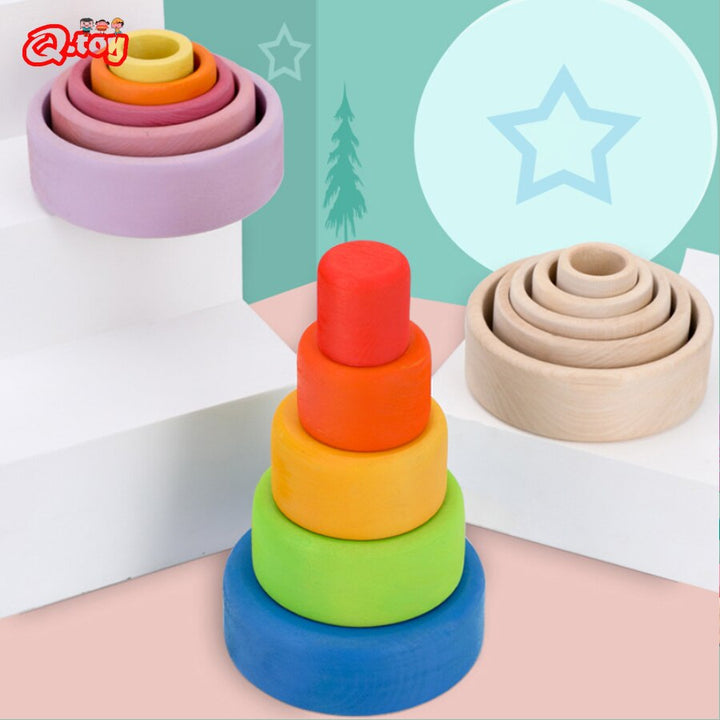 Wooden Rainbow Stacking Bowls for Early Learning Play