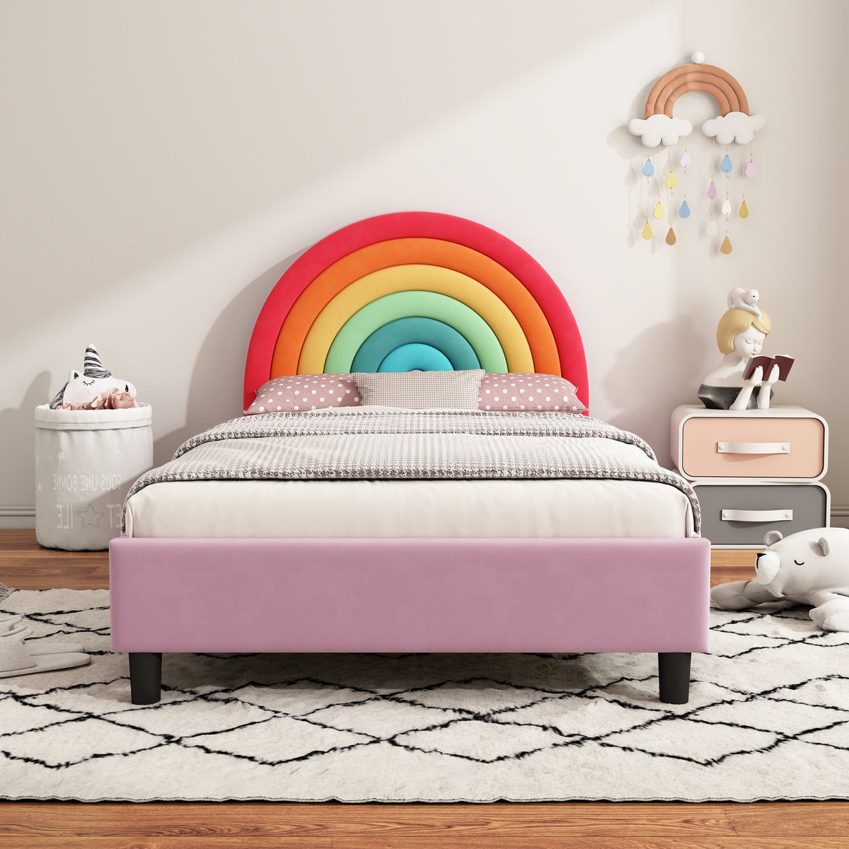 Rainbow Upholstered Twin Platform Bed for Kids & Teens