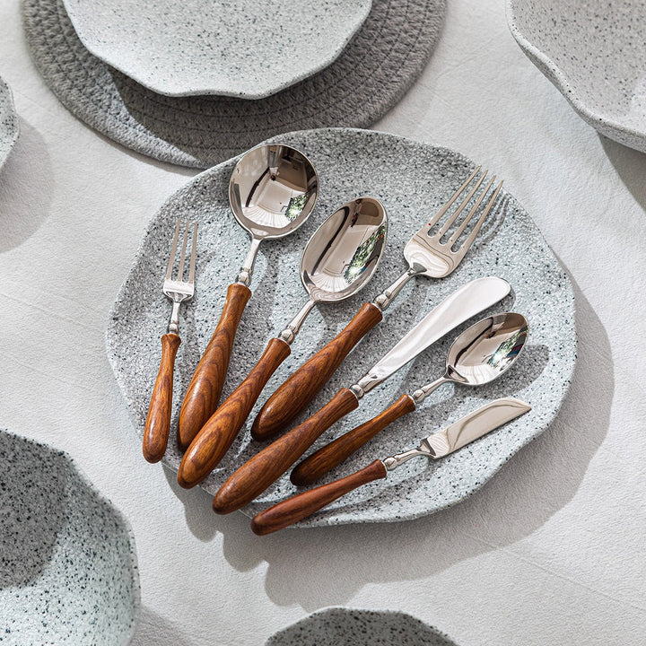 7-Piece 304 Stainless Flatware Set with Wood-Look Handles