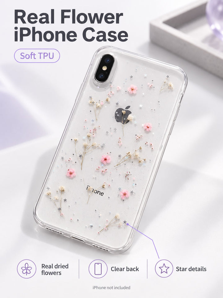 Real Dried Flower iPhone Case, Clear Soft TPU Cover