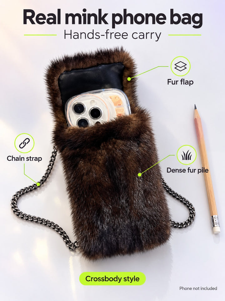 Real Mink Fur Crossbody Bag for Women, Hands-Free Phone Bag