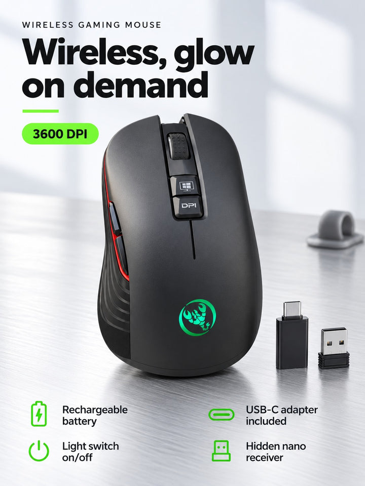 Rechargeable Wireless Gaming Mouse 3600 DPI, Lights Off