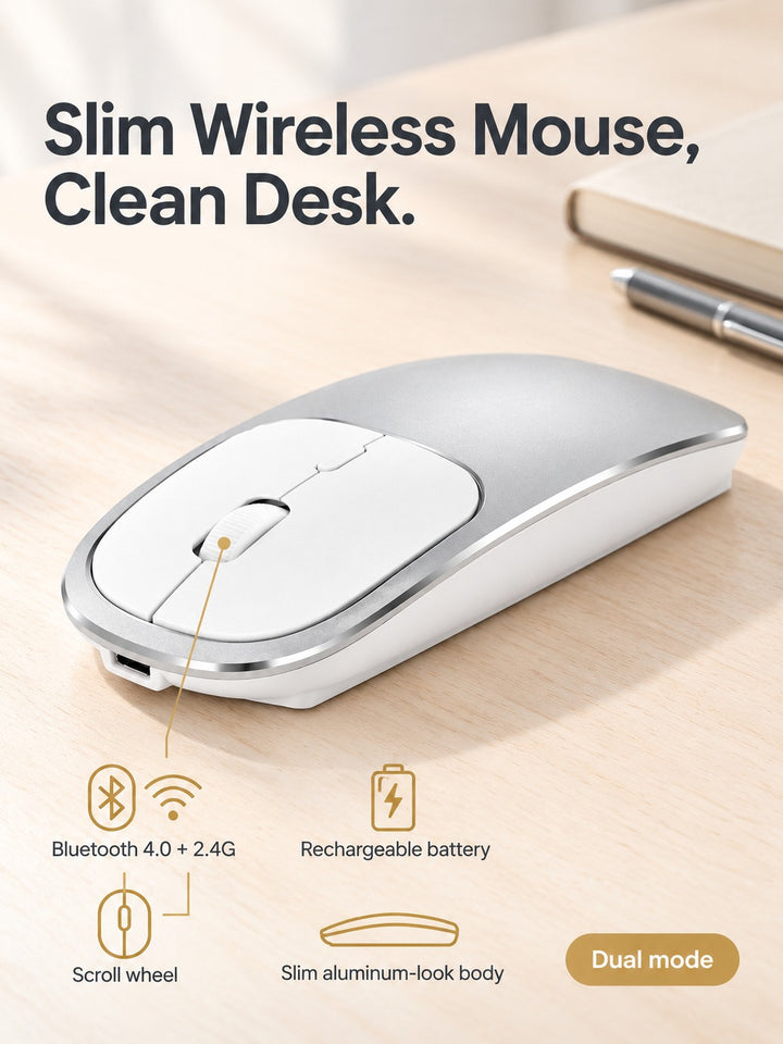 Rechargeable Wireless Mouse, Slim Aluminum Bluetooth 2.4G
