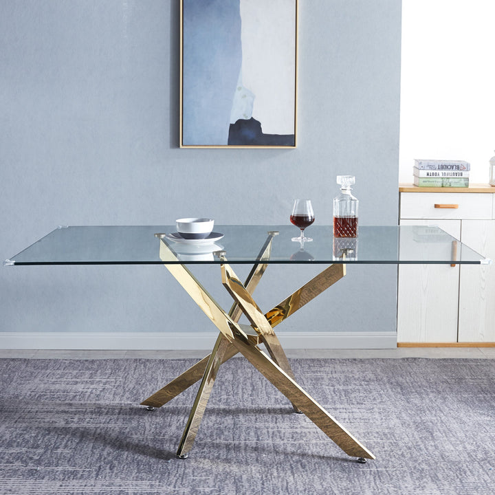 Modern Rectangular Glass Dining Table for 6 with Gold Base